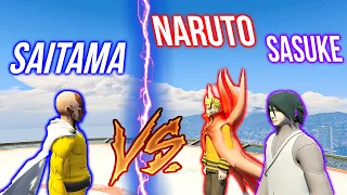 GTA 5 -Saitama (One Punch Man) vs Naruto and Sasuke SUPERHERO BATTLE