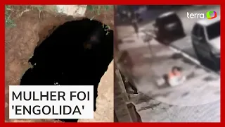 Cratera se abre em calçada, e mulher com criança no colo é 'engolida' no interior de SP