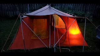 Backyard Glamping In Vintage Canvas Tent During Rainstorm!