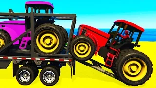 FUN COLOR TRACTOR Transportation - Spiderman Cartoon w Colors Race