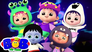 Five Little Monsters Jumping on the Bed | Halloween Songs for Kids | Spooky Cartoon - Bob The Train