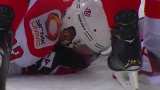 Bodrov gets a wrist shot in the face