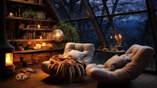 Thunderstorm with Lightning, Rain on Window and Gentle Crackling Fire in a Cozy Lounge Area