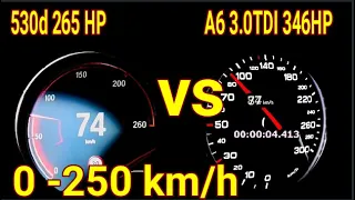 Audi a6 3.0 tdi 346 hp vs BMW 530d 265 hp DragRace sound 0 250 km/h