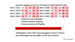 pronostics loto sur FDJ tirage du mercredi 20 janvier 2021 37840 gril 50% pour gagner 5 bon numéros