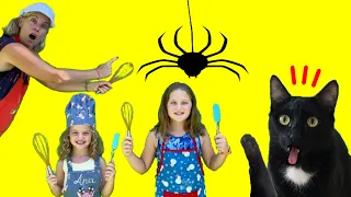 Laia y Ana receta de comida con la familia y gatos Luna y Estrella / Videos de recetas con gatitos