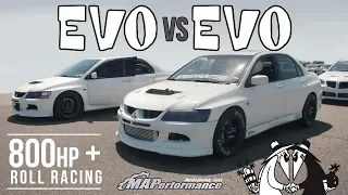 Evo 8 vs Evo 9 800hp Roll Racing | 2.0L vs 2.2L w/ PTE 6466