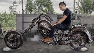 Making motorcycle ghost rider scrap metal sculpture, burning process