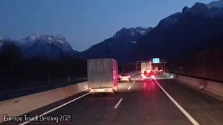 Cabin Truck View--A10 Austria,The Tauern Autobahn-The Alps in the middle of the evening