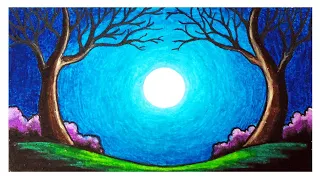 How to Draw Easy Moonlight Scenery | Beautiful Moonlight in the Garden Scenery Drawing