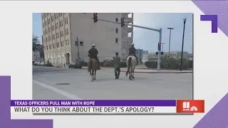 Handcuffed man lead with rope by Texas police on horseback