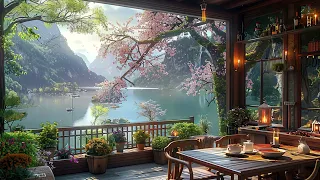 Nature Coffee House with Spring Lake Landscape ☕Calm Jazz Instrumental Music for Work, Study & Focus