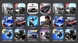 Sniper 3D, Sniper Honor, Asphalt 9, Asphalt 8, Sonic Racing, No Limits, JT Sniper, Sniper Ops...