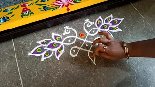 Easy & beautiful peacock border rangoli designs | Friday rangoli 5 dots | simple side kolam designs