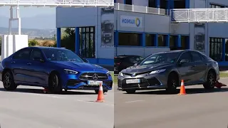 Mercedes C-300e vs Toyota Camry moose test