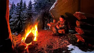 SOLO WINTER BUSHCRAFT CAMP | Building Shelter & Making a Bow Saw - Long Fire