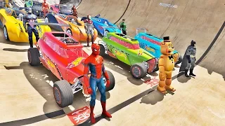 CARROS Hot Wheels com HOMEM ARANHA Freddy e HERÓIS! Desafio de Super Carros na Mega Rampa - IR GAMES