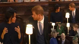 RARE MOMENT of conflict ! Meghan rolled her eyes seemed exasperated with Harry at Eugenie's wedding