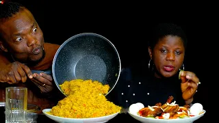 Vegetable Rice and chicken thighs ASMR mouth sound on African food mukbang.