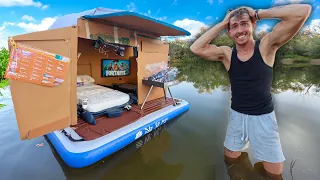 I Survived on a CARDBOARD BOX floating FORT!?!   (Homemade)