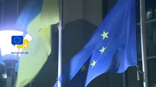 European flags at half mast in front of the European Parliament building in Brussels