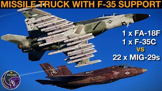 1 x FA-18F Super Hornet(with AWACS & F-35 support)  vs  22 x North Korean Mig-29s | DCS