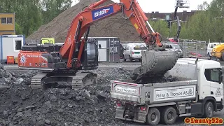 4K| Hitachi Zaxis 350 Loading Scania R650 XT & Volvo FMX 500 Dump Trucks