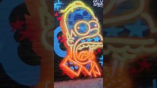 Huge Homer Simpsons Street Art Painted In Glowing Neon - Fat Cap Sprays