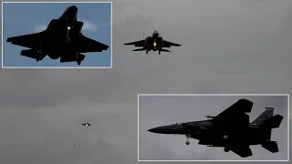 F-35 Lightning II and F-15 Strike Eagles descend into RAF Lakenheath