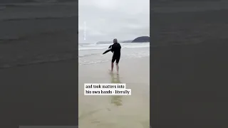 Surfer carries stranded blue shark out at Eastern View beach