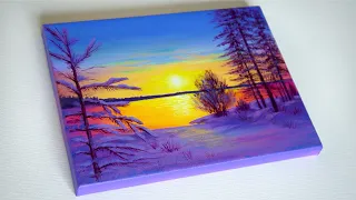 Winter Lake Painting | Sunset Painting | Acrylic Painting Sunset