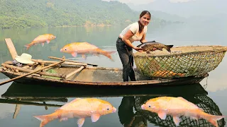 Fish trap Catching a lot of fish at night, the girl's livelihood on the lake.