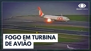 Turbina de avião pega fogo na decolagem | JORNAL DA NOITE