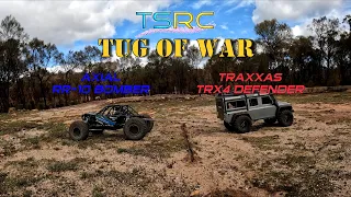 TUG OF WAR!! - AXIAL RR-10 BOMBER VS TRAXXAS TRX4 DEFENDER - Battle of the Brushless Beasts