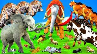 Giant Lion vs 10 Zombie Tiger vs 10 Big Bull Fight Cow Saved By Woolly Mammoth Monster Lion vs Tiger