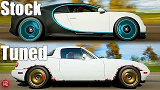 Forza Horizon 4: Stock vs Tuned! Bugatti Chiron vs Junkyard Miata! (It's even FASTER NOW!)