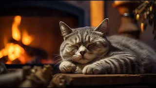 Deep Sleep, Stress Relief In Cozy Ambience 🔥 Relaxing with Purring Cat and Cozy Fireplace