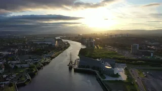 Glasgow Zaha Hadid architecture drone sunset
