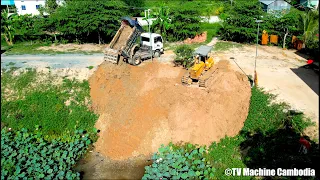 Nice Showing First Starting New Project Filling Land By KOMATSU Dozer D31P Truck 5T Spreading Soil