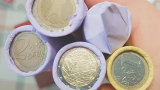 Распаковка 1 и 2 евро монет - Роллы немецкого банка