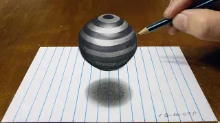 How to Draw Floating Striped Sphere - Drawing 3D Striped Ball on Lined Paper - By Vamos