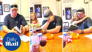 Emotional moment little girl surprises stepdad with adoption papers hidden inside scrapbook