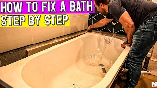 HOW TO FIX A BATH TO A WALL AND SCREW THE FEET DOWN.