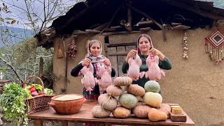 Pumpkins Stuffed with Chicken and Rice Cooked in Mountain Village