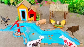 DIY farm diorama with house, cow, pig, hand pump | How to supply water for animals and thirsty dog