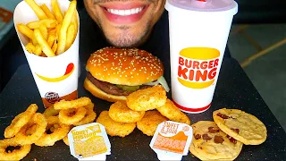 ASMR BURGER KING CHICKEN NUGGETS ONION RINGS IMPOSSIBLE CHEESE WHOPPER BURGER FRIES COOKIES EATING !