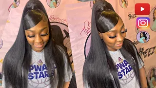 💕💓”Deep Swoop Bang” Half Up Half Dwn🏆Protective Quick Weave Brazilian Hair Straight | Elfin Hair