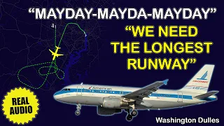 MAYDAY. Hydraulic system failure. American A319 wants the longest runway at Dulles Airport. Real ATC