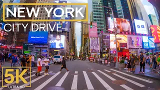 5K Evening Summer Drive through New York Center - 1,5HRS City Drive Video with City Sounds