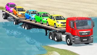 Small Cars Transportation Double Flatbet Trailer Truck Car Rescue Deep Water - Speed Bump vs Car